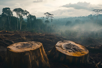  Deforestation aftermath, large tree stumps, forest destruction, environmental crisis, habitat loss, illegal logging, climate change impact, ecological damage, reforestation needs, nature conservation