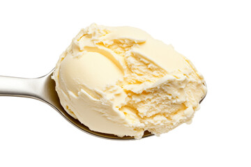 Swirl of creamy mascarpone cheese on spoon isolated on white transparent background. Concept of dairy products