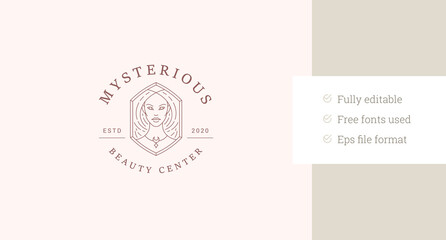 Beautiful sacred woman witch portrait in geometric frame line art logo design template vector illustration. Magic female mythology face circle linear logotype for beauty salon cosmetic brand