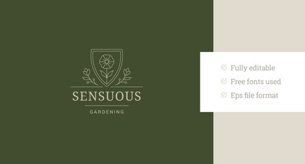 Gentle blossom flower in shield line art logo design template for florist vector illustration. Elegant natural floral plant linear logotype for gardening studio beauty salon skin care cosmetic