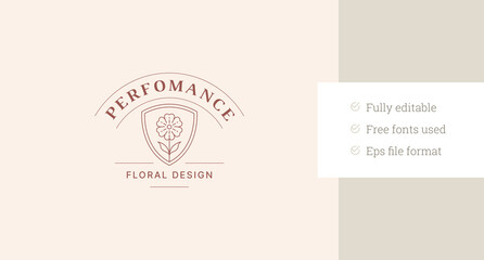 Beautiful natural flower in shield line art logo design template for beauty salon vector illustration. Elegant floral with petals and leaf botanical linear logotype for gardening florist salon