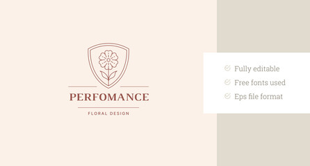 Floral chamomile in shield minimalist line art logo design template vector illustration. Elegant flower linear logotype for skin hair care protection beauty salon organic cosmetic brand