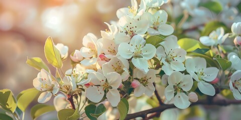 Spring Apple Blossoms with Soft Pink Hues and Green Leaves


