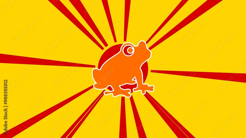 Poster frog symbol on the background of animation from moving rays of the sun. large orange symbol increase