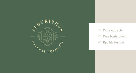 Gentle flower chamomile with berries circle line art logo design template vector illustration. Elegant beautiful floral blossom plant linear logotype for makeup artist cosmetology beautician clinic