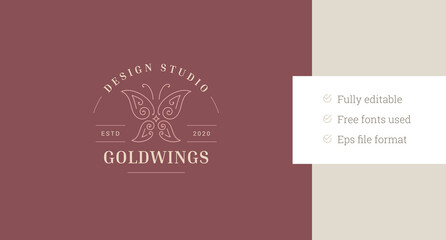 Elegant butterfly with ornamental wings line art logo design template for spa vector illustration. Beautiful summer insect linear logotype for cosmetology fashion brand stylist coiffure makeup artist