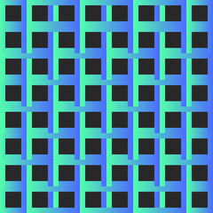 Modern geometric seamless pattern with interlocking grid of blue and green gradient squares, cyberpunk futuristic design repetitive cells on dark background for creative visual projects.