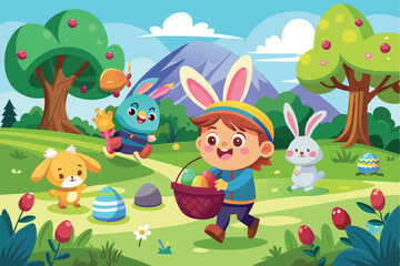 Fototapeta premium Children and cheerful animals happily participate in an Easter egg hunt, gathering colorful eggs in a vibrant park filled with trees and flowers.