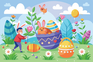 Children explore a lively garden, searching for colorful eggs and interacting with playful bunnies under clear skies during a joyful Easter celebration.