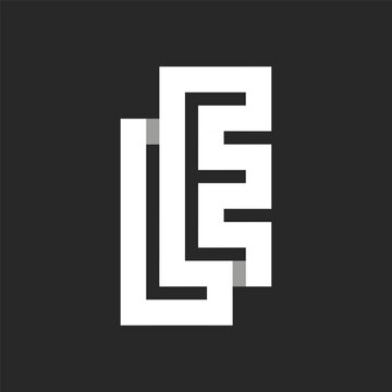 Intertwined initials LE or EL bold letters logo monogram from wide stripes on a dark background. Overlapping white parallel lines with shadows in shape two letters L and E  creative typography.
