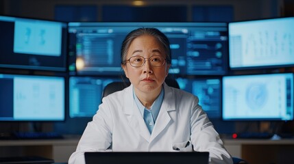 A focused scientist in a lab coat, surrounded by multiple screens and data analysis.