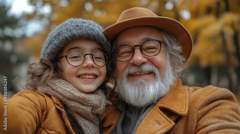 Wall mural hipster son, father in wheelchair at park taking selfie