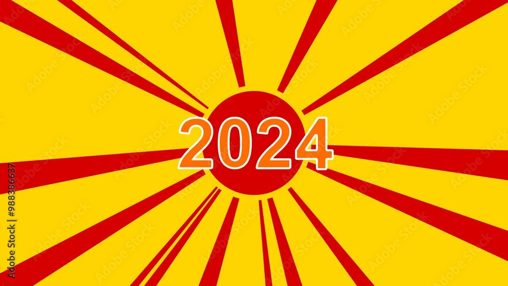 Aufkleber 2024 year symbol on the background of animation from moving rays of the sun. large orange symbol inc