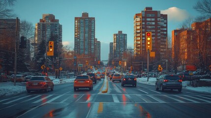 busy crossroads during rush hour with a prominent red stoplight, traffic signs and symbols vehicle flow. visuals on transportation, traffic safety, and urban street