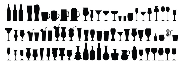 Silhouettes various alcohol cocktail glasses bar set. Black Isolated Glasses of wine, glasses of beer, bar bottles and shot glasses