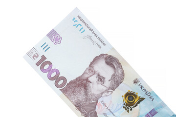 close up of one thousand Ukrainian hryvnia banknote isolated on white