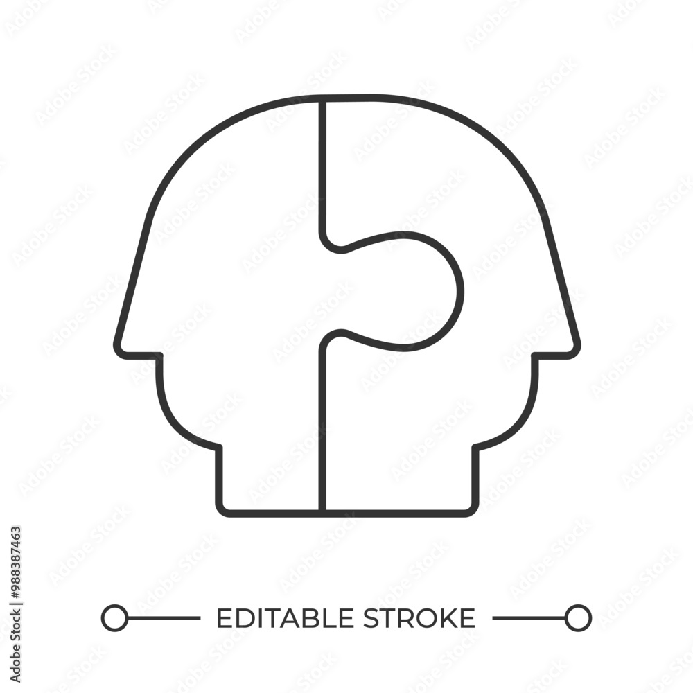 Poster human connection linear icon. two interlocking heads. puzzle pieces. integration and collaboration c