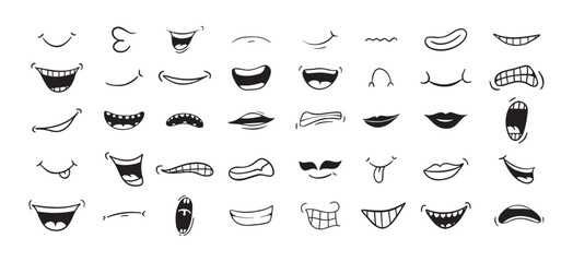Cartoon mouth happy, smile, sad, angry expression doodle set. Hand drawn mouth, tongue caricature icon. Funny comic mouth collection 