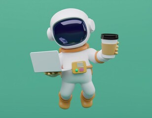 An astronaut holds a laptop and a cup of coffee, 3D illustration
