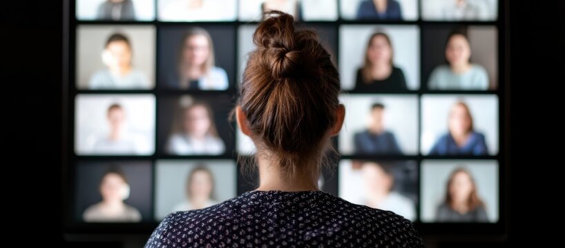 Person looking at multiple video conference faces on a computer screen.