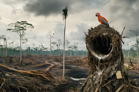 Scarlet macaw on a tree stump in a deforested Amazon rainforest, highlighting the impact of habitat loss and deforestation on wildlife. Environmental awareness and nature conservation.