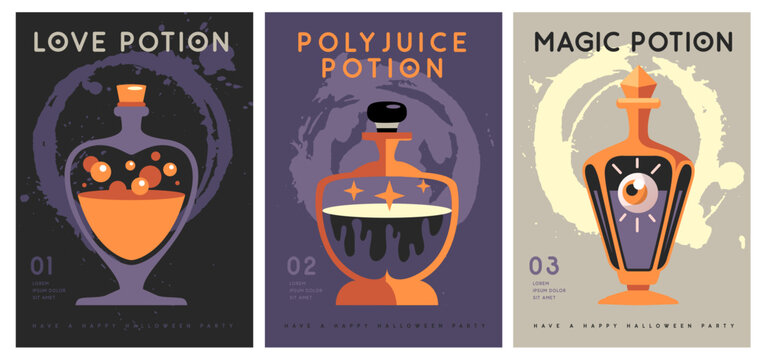 Set of Halloween flat posters with magic potions or drinks. Halloween spooky background. Vector illustration