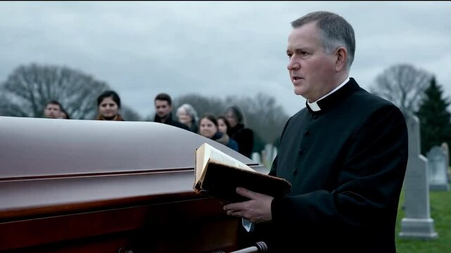 priest giving a eulogy at a funeral