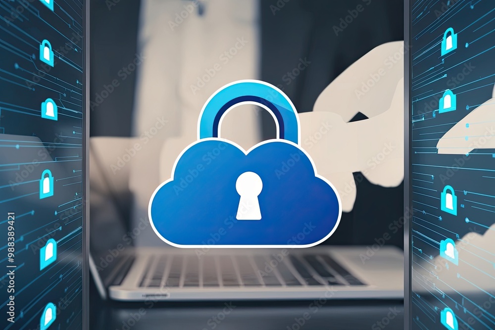 Poster cloud security services illustration featuring secure padlock and cloud icon for data protection and