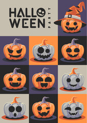 Halloween  flat party poster with cartoon smiling halloween pumpkins. Halloween spooky background. Vector illustration