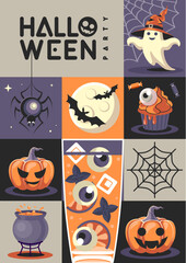 Halloween  flat party poster with cocktail, full moon, bat, halloween pumpkin, spider, ghost and bat. Halloween spooky background. Vector illustration