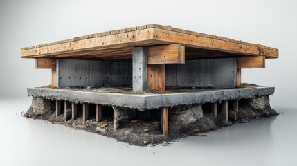 Obraz premium Structural foundation showcasing wooden and concrete elements.
