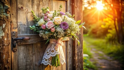 Fototapeta premium Romantic wedding flowers overflow from a vintage lace-wrapped bouquet holder placed on a distressed wooden door in a rustic country setting beneath a soft focus sunlight.