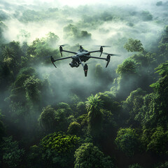 Fototapeta premium Drone in rainforest, aerial forest monitoring, drone photography, environmental surveillance, drone technology, forest preservation, nature exploration, aerial videography, drone in nature, forest 