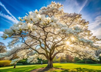 Fototapeta premium Tall summer magnolia, covered in large, snow-white flowers, stretches towards the sky, its branches like outstretched arms, set against a soft, dreamy summer morning backdrop.