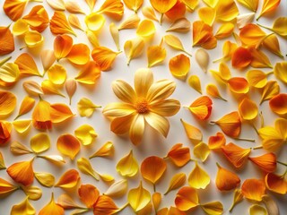 Fototapeta premium Golden and orange flower petals are beautifully arranged in a loose pattern on a crisp white background in a peaceful ambiance with gentle morning light and subtle depth.