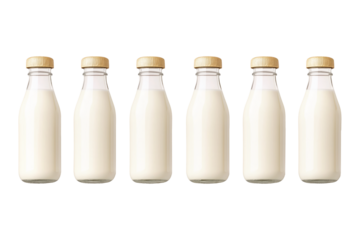 Milk bottles with caps aligned in a row, isolated on white background. Concept of dairy products and freshness