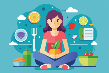 A young person sits cross-legged, holding a piece of fruit, surrounded by healthy food options and cooking resources for fostering positive eating habits.