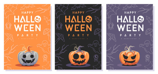 Set of flat Halloween party posters with halloween smiling pumpkins. Halloween spooky background. Vector illustration