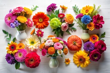 Vibrant flowers dance across a clean white surface in a modern flat style with bold yet muted colours.