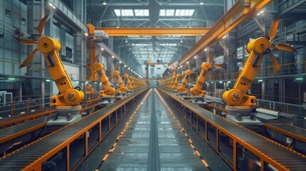Automated assembly line in a green energy-powered factory, featuring wind turbines and advanced robotics, reflecting modern industrial efficiency