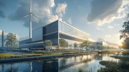 Obraz premium Advanced production facility with automated technology and green energy, featuring solar panels and wind turbines in a clean design