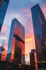 Fototapeta na wymiar A city skyline with a beautiful orange sunset in the background. The buildings are tall and reflective, creating a sense of grandeur and awe. The sky is filled with clouds