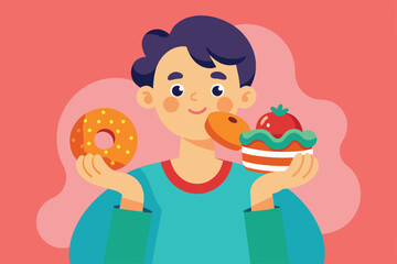 A cheerful individual holds a donut in one hand and a cupcake in the other, basking in the joy of tasty treats in a vibrant atmosphere.