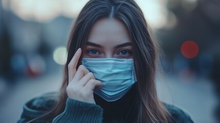 Young woman adjusts her face mask while walking in a city street during dusk, highlighting safety and urban life