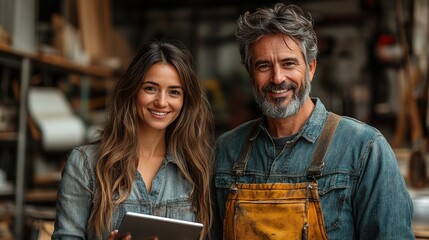 man, woman workers with tablet in the carpentry workshop