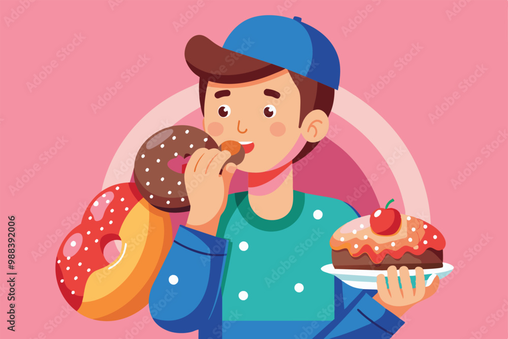 Poster a person happily indulges in donuts and cake while enjoying a delightful time in a colorful bakery a