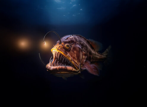 A close-up of a deep sea anglerfish with its bioluminescent lure extended.
