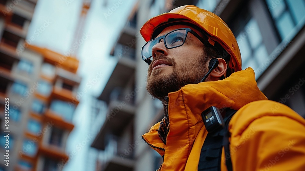 Poster man engineer using walkie talkie on construction site