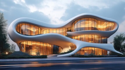 A futuristic building with flowing forms and large glass windows.