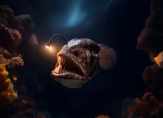 A large, brown anglerfish with a gaping maw, sharp teeth, and a glowing lure on its head.